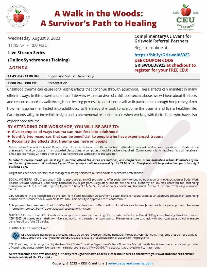 FREE CEU ALERT! 🚨 Join Griswold Home Care for our August 9th virtual CEU and learn techniques and information to help you and those around you heal from trauma. I hope to see you at this wonderful informational event. Register Today!!