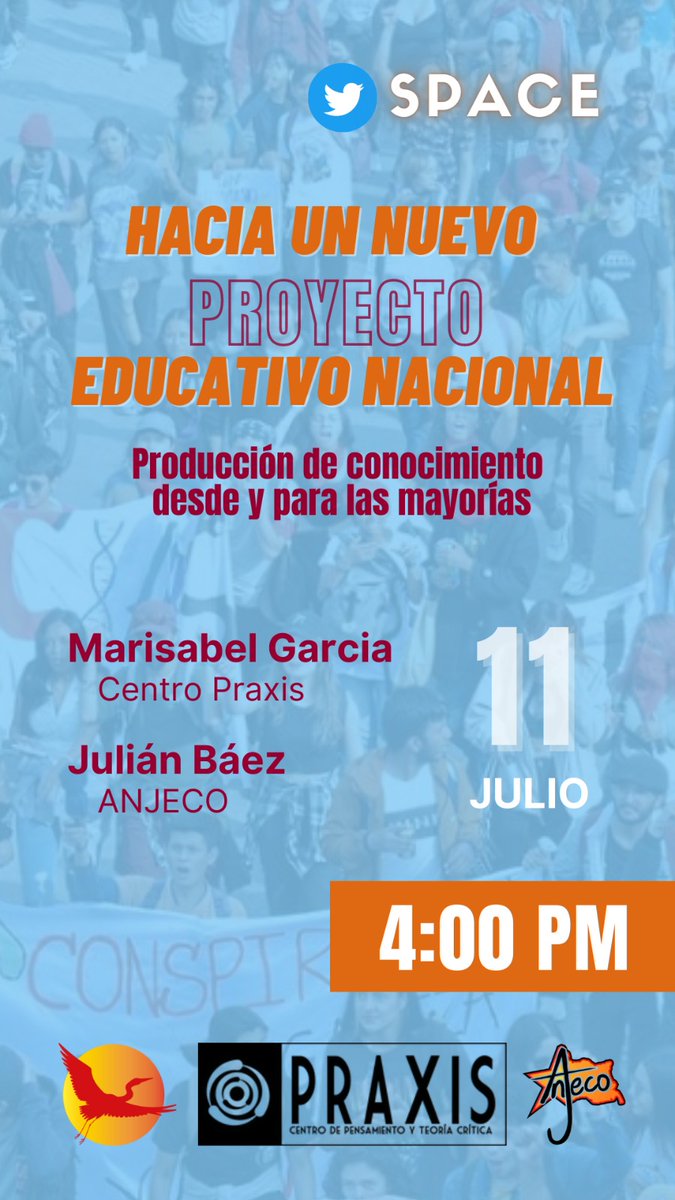trochandosf's tweet photo. Hoy, a las 4pm Twitter Space con @praxis_col y @anjeco_co sobre la propuesta de Nuevo Proyecto Educativo Nacional como salida a la crisis del sistema educativo.
Les invitamos a conectarse y participar.
https://t.co/EGYNcjglGR https://t.co/8Igr9YffZ9