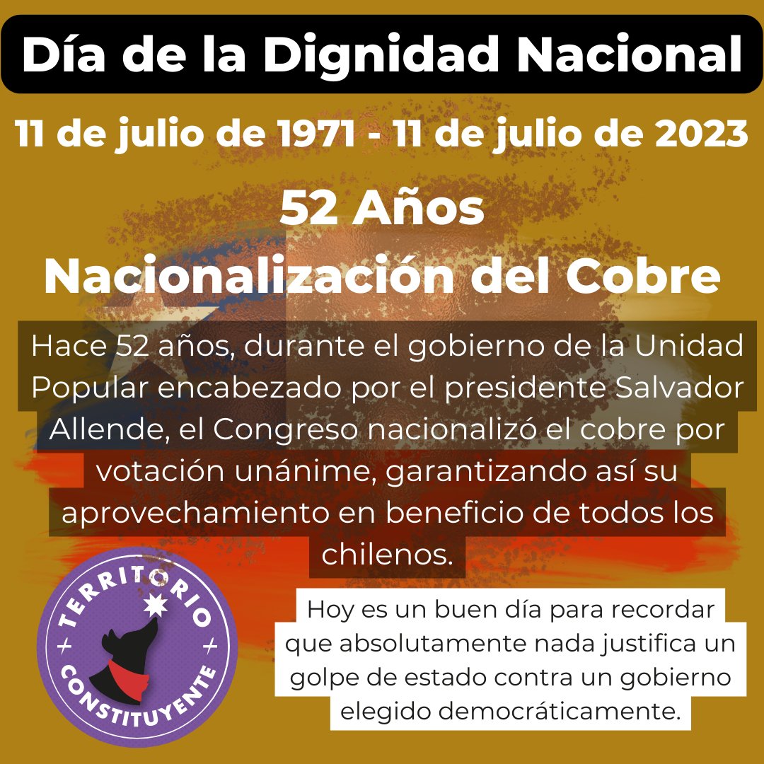 Hace 52 años, durante el gobierno de la Unidad Popular, el Congreso nacionalizó el cobre por votación unánime.

Nunca se puede justificar un golpe de estado contra un gobierno elegido democráticamente.

#díadeladignidadnacional