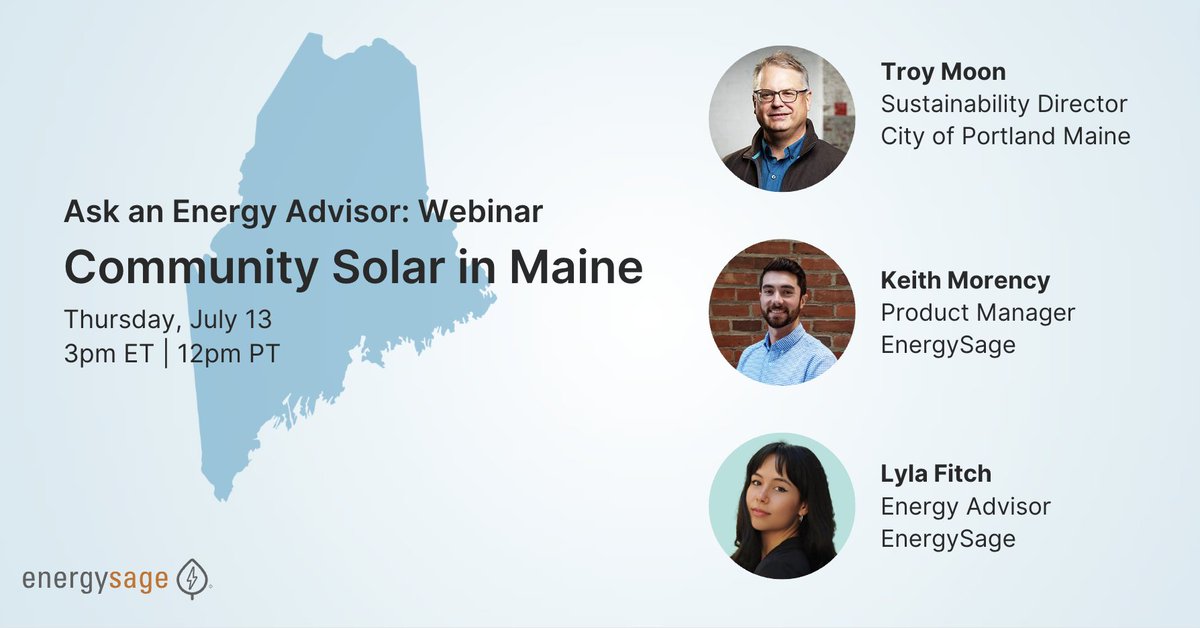 Join our in-house community solar experts, Lyla Fitch and Keith Morency, in conversation with Troy Moon from the <a href="/CityPortland/">City of Portland, Maine</a> for a webinar covering all things community solar for the state of Maine.

Sign up here: lnkd.in/e4_gPsEh

#CommunitySolar #Maine #EnergySage