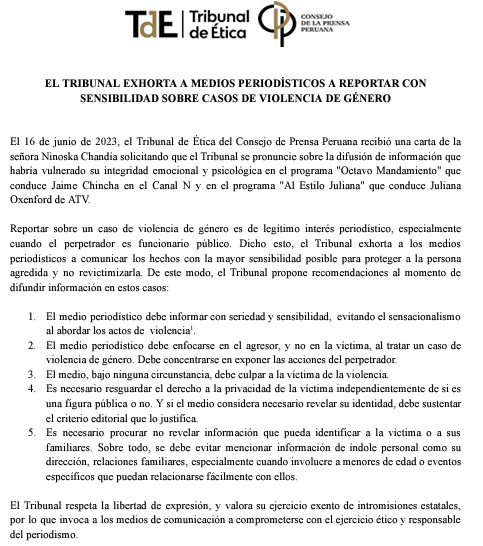 ConsejodePrensa's tweet photo. El Tribunal de Ética del CPP emite dos comunicados:

1. Amenaza a la libertad de prensa en el IRTP (TVPerú)
2. Exhortación a reportar casos de violencia de género con sensibilidad https://t.co/6tQMd1tYN0