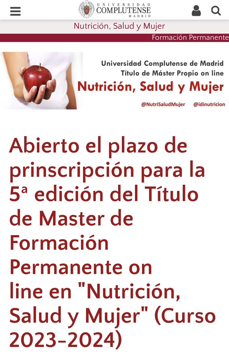 idinutricion's tweet photo. ¿Quieres ampliar tu formación en el ámbito de la #nutrición y la salud del colectivo femenino?. No dudes, inscribete en el #titulopropio de la @unicomplutense “Master en Nutricion, Salud y Mujer”. Razones: 1. contenidos actualizados 2. Impartido x expertos. 3. #formaciondecalidad https://t.co/CMWeVqyr5r
