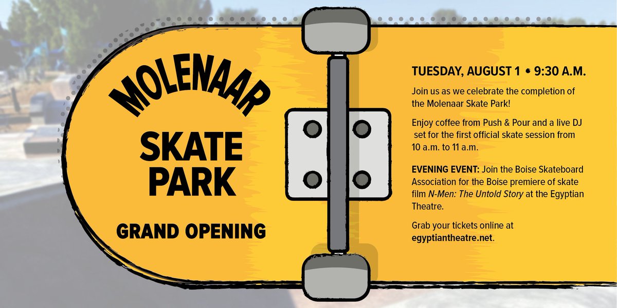 Join us for the grand opening of the Molenaar Skate Park at 9:30 a.m. on August 1 🛹 Following the ribbon cutting, enjoy coffee from @Pushandpour ☕️ a live DJ set with RahKeeM 🎵 and more. This new skate park is an incredible addition at Molenaar Park in SW Boise!