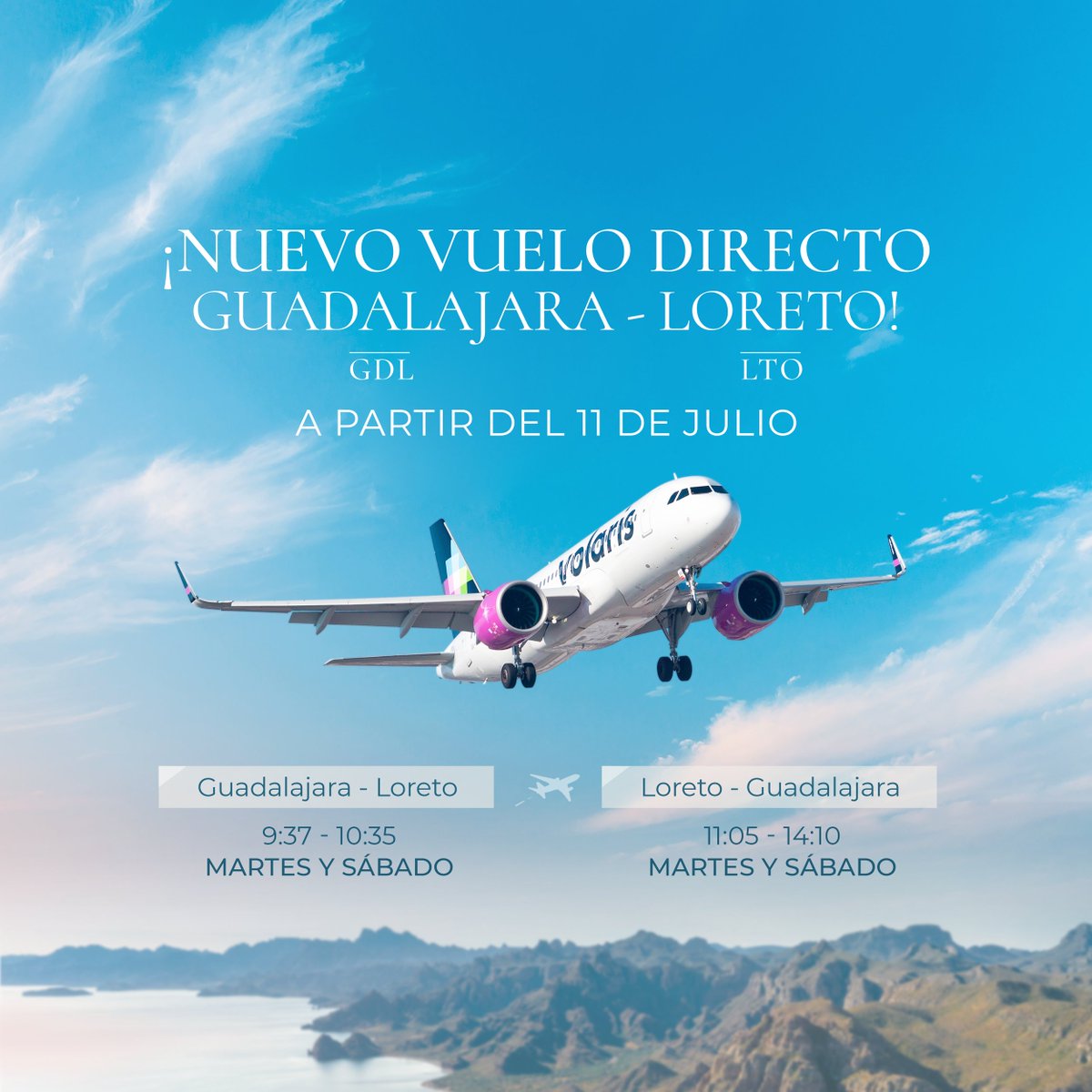 ¡VIAJA A LORETO DESDE GUADALAJARA SIN ESCALAS! ✈️ Volaris ya tiene disponible la nueva ruta aérea Loreto-Guadalajara para viajar a partir del 11 de julio de 2023. ✈️ Para información de vuelos y horarios visita volaris.com

#volaris #guadalajara #gdl #loretobcs
