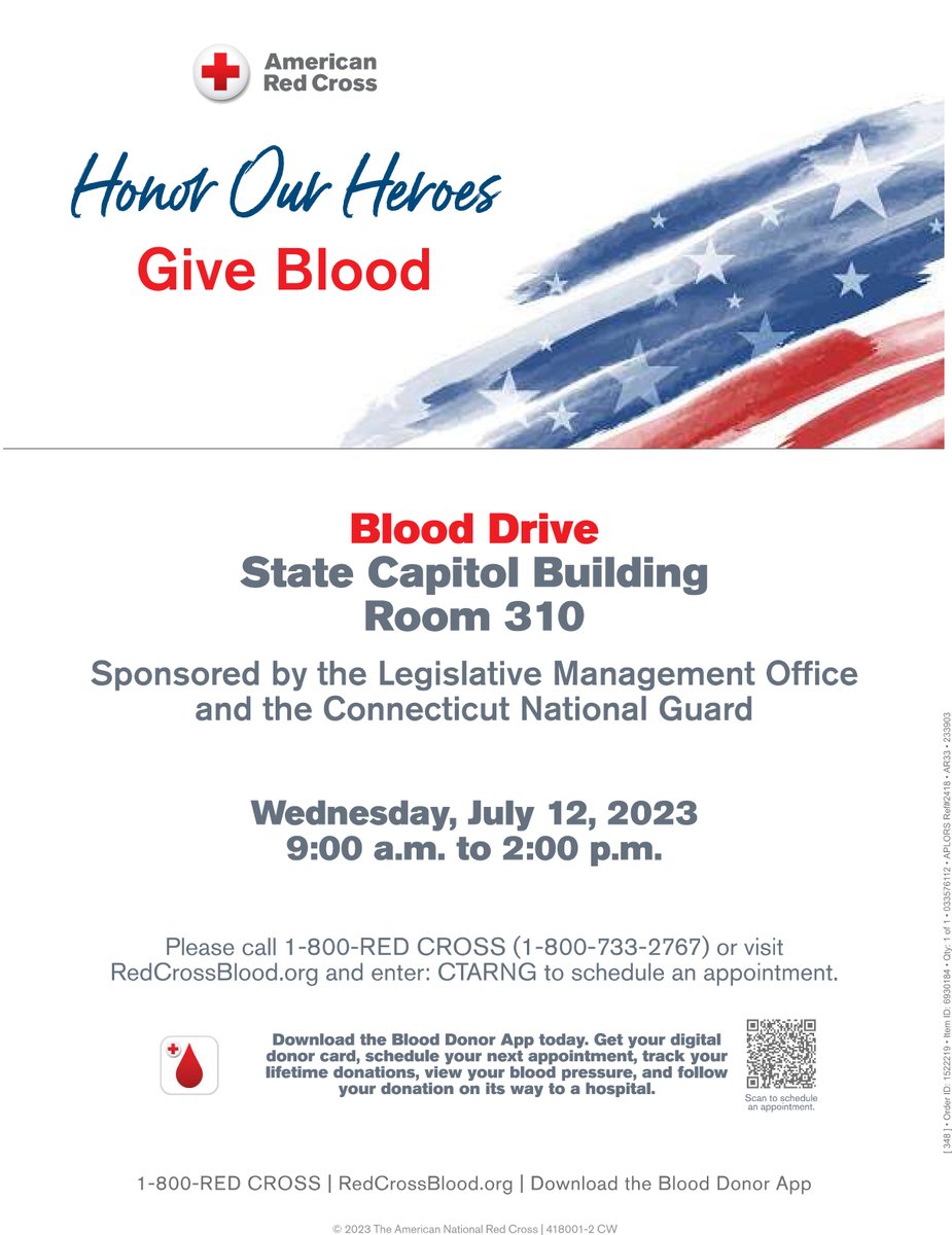 The Legislative Management Office and Connecticut National Guard are sponsoring an American Red Cross blood drive tomorrow at the State Capitol Building. Please visit redcrossblood.org and use code CTARNG to schedule an appointment!