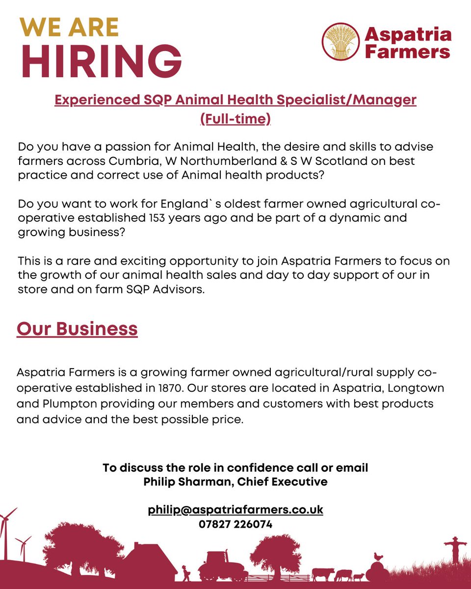 ✨ We are Hiring ✨

Want to discuss the role? Speak to our Chief Executive, Philip Sharman to find out more: 
📞07827 2266074
📧 philip@aspatriafarmers.co.uk