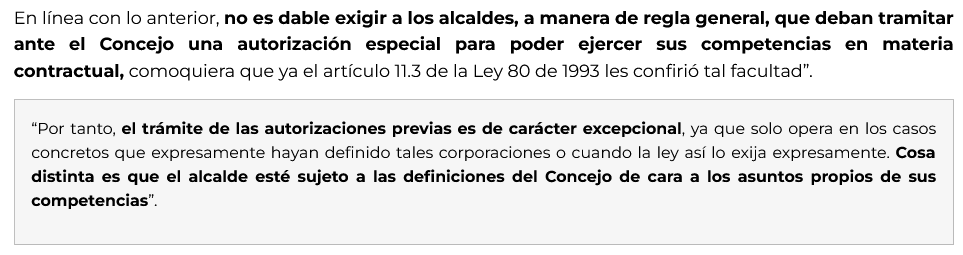 contrataenlinea's tweet photo. 📑ALCALDES. NO es dable exigirle al alcalde, a manera de regla general, que deban tramitar ante el Concejo una autorización especial para poder ejercer sus competencias en MATERIA CONTRACTUAL. 

⏩El artículo 11.3 Ley 80 de 1993 les confirió tal facultad https://t.co/fJrl0svJdN https://t.co/nQHyQOMAJn
