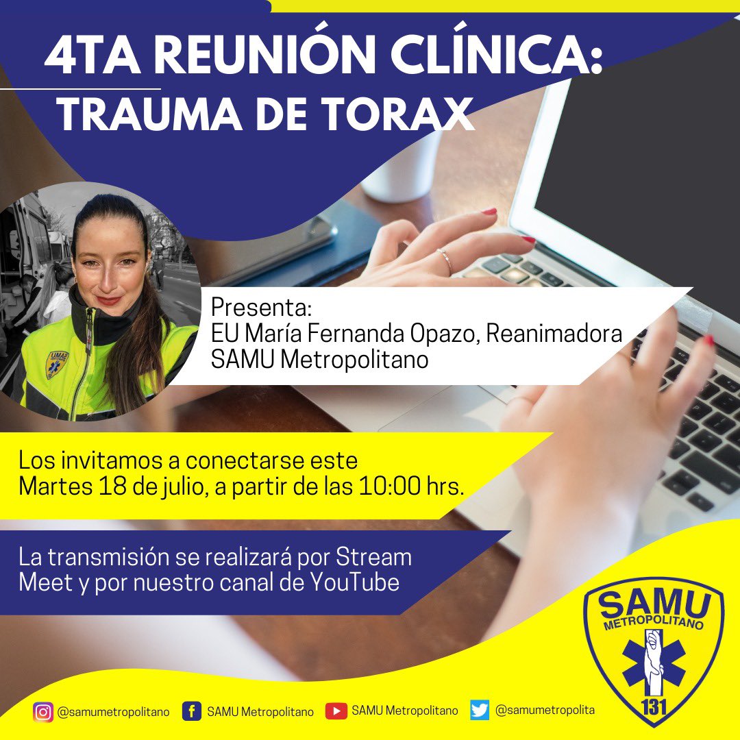 #SAMU131 🚑 Invitación 📩👩🏻‍💻

👉 Los esperamos este martes 18 de julio en nuestra 4ta Reunión Clínica 2023, con la presentación de EU María Fernanda Opazo, Reanimadora del SAMU Metropolitano🚨

🔜⚠️ Pronto compartiremos el link, cuya transmisión comenzará a las 10:00 horas🙂