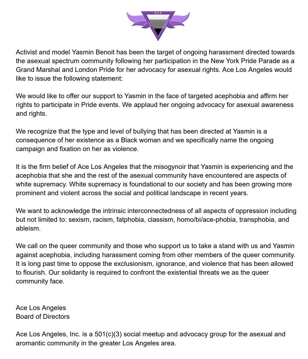 Ace Los Angeles has released a statement in support of @theyasminbenoit. #asexuality #acepride