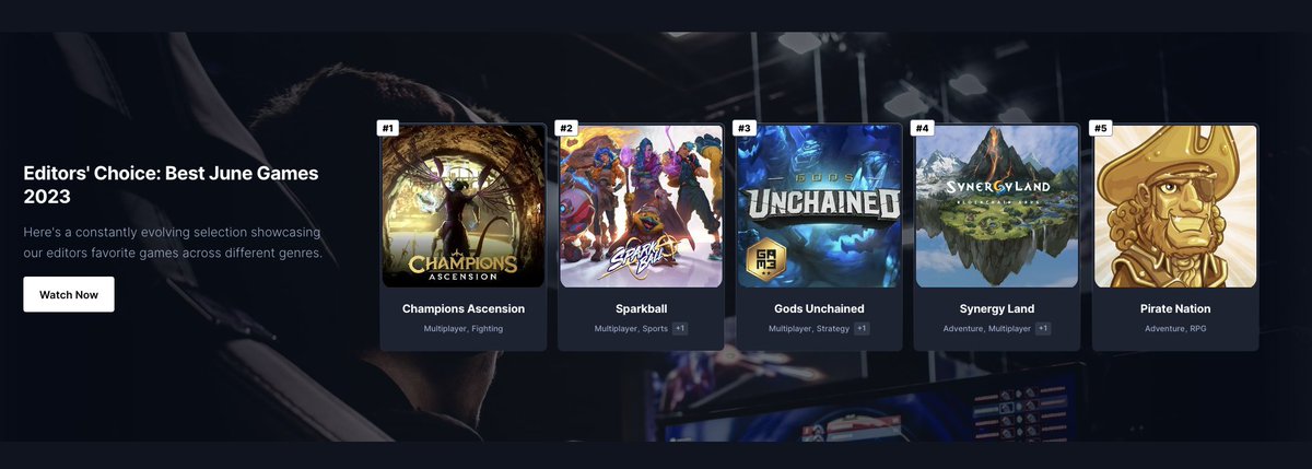 These games won the @PolkastarterGG Gaming Editor's choice for Top 5 best games in June. 🤯🚀

They are;
<a href="/ChampionsIO/">Champions Ascension</a> 
@SparkadiaGG 
<a href="/GodsUnchained/">Gods Unchained</a> 
<a href="/SynergyLandGame/">Realms Of Alurya</a> 
<a href="/PirateNationNFT/">Pirate Nation</a> 

Have you played any of the above titles? 🎮