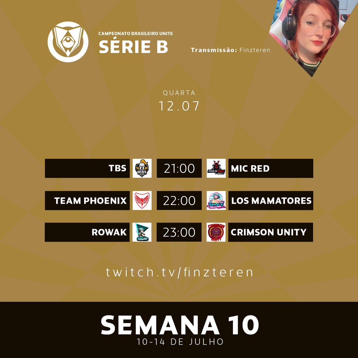 💛 SÓ EMOÇÃO!

Hoje a #CBU2023 vai ser sob o comando da <a href="/Finzteren/">Finz</a>, com brigas boas pelo topo!

⚔️ TBS x MIC Red
⏰ 21h00

⚔️ Team Phoenix x Los Mamatores
⏰ 22h00

⚔️ Rowak x Crimson Unity
⏰ 23h00

📺twitch.tv/finzteren