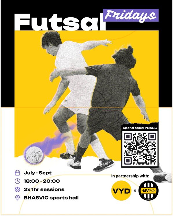 Desperate to play futsal?

Come along on Friday and play with some of the best players in the country 🔥 

6pm-8pm
2 x 1hr sessions
£5 p/session

📍<a href="/BHASVIC/">BHASVIC</a> Sports Hall

group.spond.com/PNXGK

Only a few spaces left!

@vyd_cic <a href="/MontpelierVilla/">Montpelier Villa FC</a> 💛🖤 

#futsal #FutsalFridays