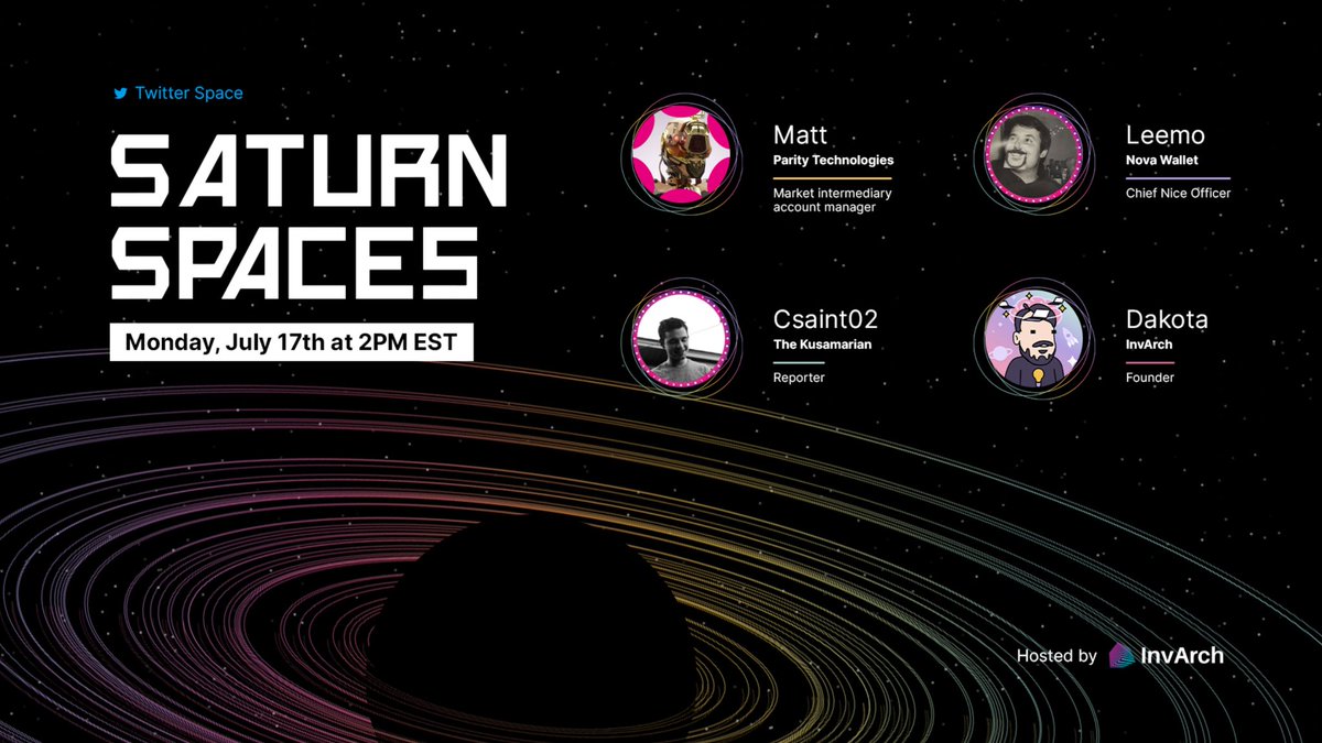 This Monday, we’ll be exploring ways to increase turnout on <a href="/Polkadot/">Polkadot</a> #OpenGov 🪐

⏰ July 17th at 2PM EST/6PM UTC

Featuring <a href="/zimm0x/">matt</a> from <a href="/paritytech/">Parity Technologies</a>, <a href="/LeemoXD/">Leemo</a> from <a href="/NovaWalletApp/">Nova Wallet</a>, <a href="/csaint02/">Csaint02 👑 🐂⭕️</a> from <a href="/TheKusamarian/">The Kus</a>, &amp; <a href="/XCAstronaut/">InvArch & Tinkernet 4-Ever</a> from the <a href="/InvArchNetwork/">InvArch</a>!