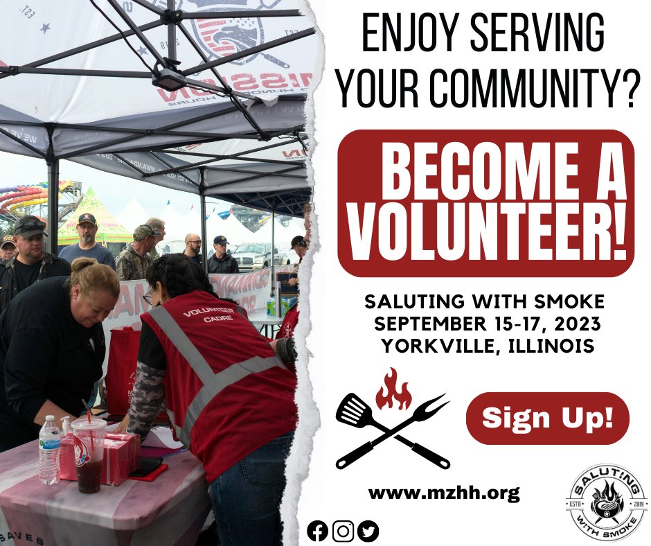 Become a volunteer! We are looking for volunteers at this time for our event Sept. 15-17. It’s not too late to sign up!

Get signed up to help us: mzhh.org 

#donations #volunteering #chicagoland #salutingwithsmoke #veterans