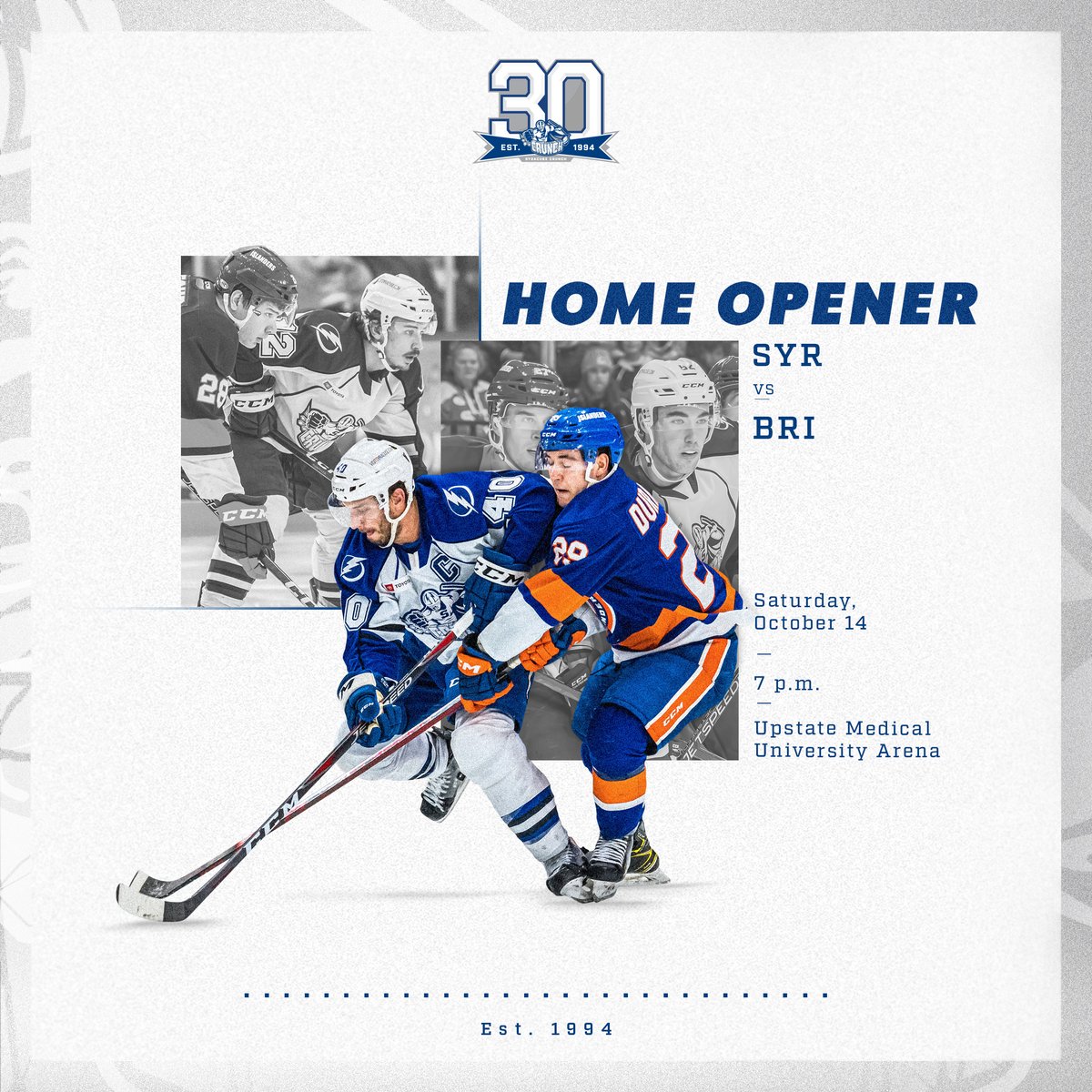 SyracuseCrunch's tweet photo. Be here for our 30th Home Opener!

🗓 Saturday, Oct. 14
🆚 Bridgeport Islanders
🏒 7 p.m.
📍 Upstate Medical University Arena https://t.co/0O1S70ufdV