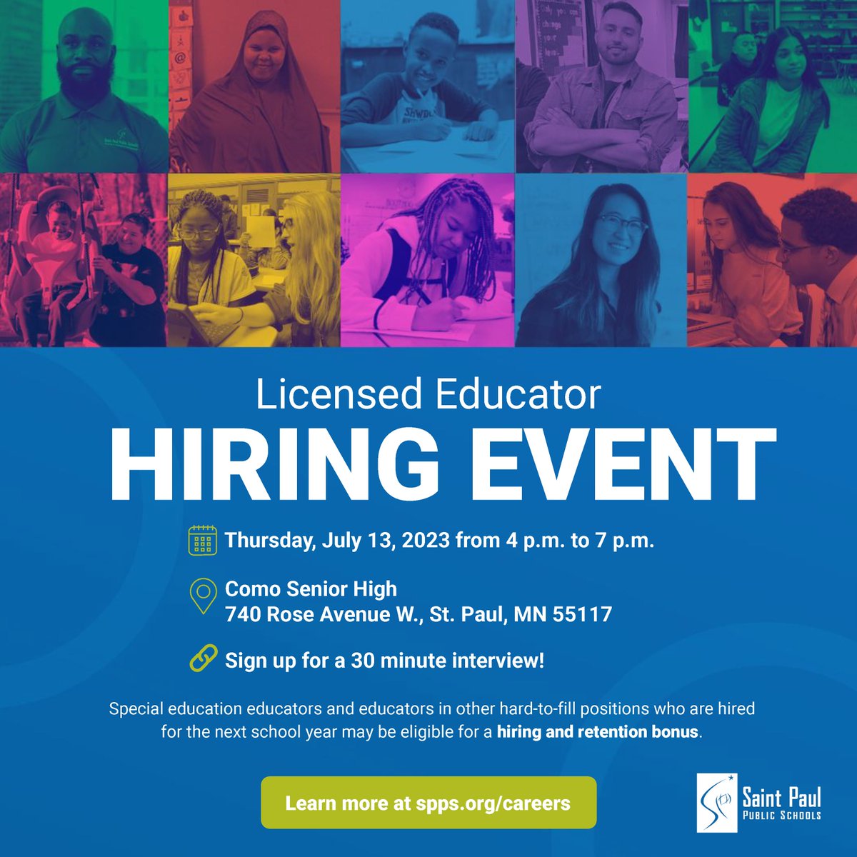 SPPS_News's tweet image. Join Team SPPS! We&apos;re hosting a hiring fair for licensed educators on Thursday, July 13, from 4 p.m. to 7 p.m. Interested candidates can sign up for a 30-minute interview at: bit.ly/44txHi4.   

#TeamSPPS