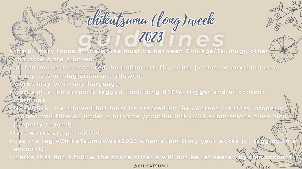 chikatsumu's tweet photo. ChikaTsumu (long)week dates are set for July 15 - Aug 11! We hope that you will participate and enjoy it as well. ๐
Use the tag #ChikaTsumuWeek2023 when submitting your works (or/and tagging this account)! ๐ฐ๐
#chikatsumu
#cktsm
#cktm
#ๅ็ดฌ https://t.co/9wROcKpmbz