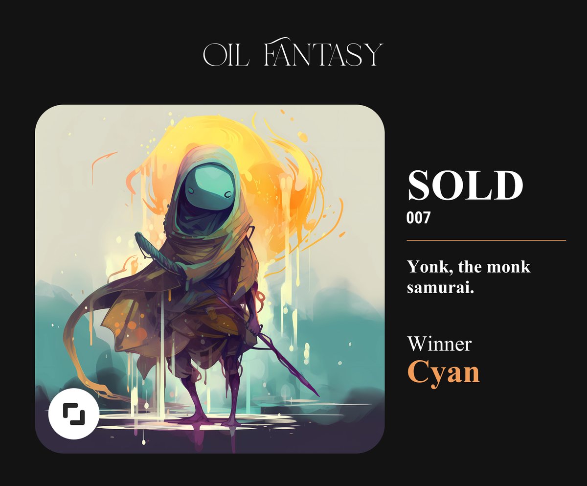 CthulhuSOL's tweet photo. 🎨Oil Fantasy #007 - SOLD for 2◎

Congratulations to @Cyangineer 

and thanks to @CrypticZoro for the participation.

New big announcement in few hours... https://t.co/ADBdQZhJqc