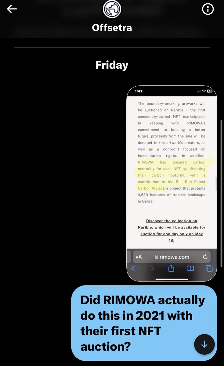 Quick Question, <a href="/offsetra/">Offsetra</a> did this #carbonoffset ever happen?  Were the NFTs ever #carbonneutral ?

Please, confirm that <a href="/RIMOWA/">RIMOWA</a> ACTUALLY DID THIS OFFSET WHICH THEY CLAIM TO HAVE DONE. Thanks. 

-Concerned Individual 

#carbonfootprint #climatechange 
#sustainability 
#pollution