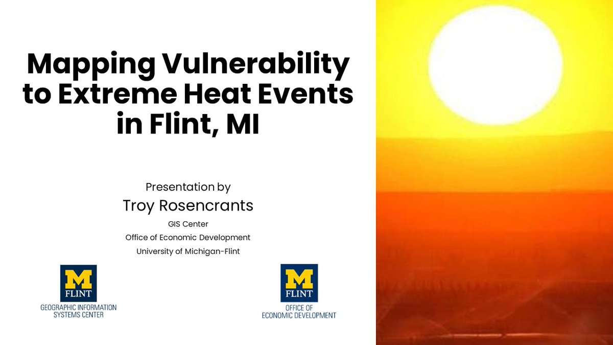 GIS Center Manager Troy Rosencrants presented a lightning talk at the <a href="/EsriUC/">Esri User Conference</a> User Conference about the extreme heat project he was a part of last summer. To connect with Troy, please contact him at rosencra@umich.edu
<a href="/UMFlint/">University of Michigan-Flint</a>