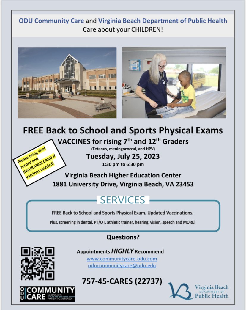 VBFACE (@vbface1) on Twitter photo Check out this FREE opportunity for youth to get vaccinations and physicals at the same time! <a href="/ODU/">Old Dominion University</a> <a href="/VBDPH/">Virginia Beach Department of Public Health</a>
Call the number on the flyer or use the link below to register for appointments!
docs.google.com/forms/d/e/1FAI… Check out this FREE opportunity for youth to get vaccinations and physicals at the same time! <a href="/ODU/">Old Dominion University</a> <a href="/VBDPH/">Virginia Beach Department of Public Health</a>
Call the number on the flyer or use the link below to register for appointments!
docs.google.com/forms/d/e/1FAI…