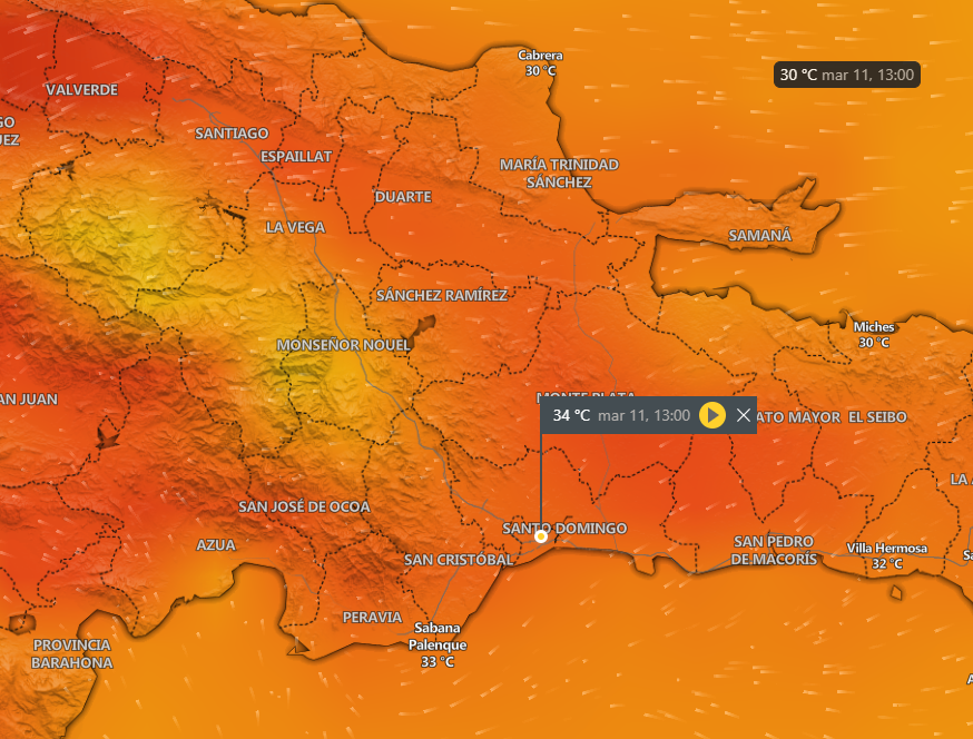 rudymperezt's tweet image. Según mapa de temperaturas, así está la temperatura en el gran #SantoDomingo en estos momentos. #Clima #ClimaRD