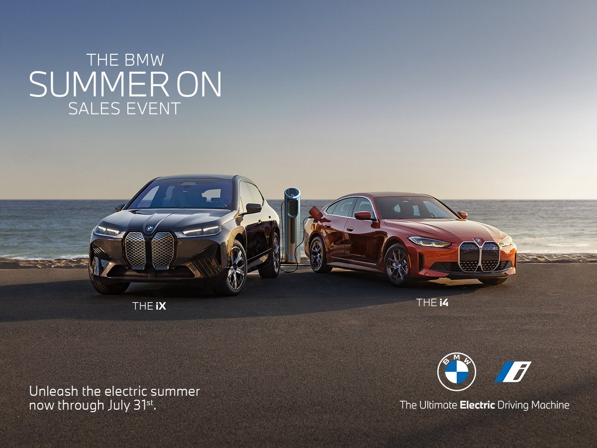tombushbmwjax's tweet photo. BMW's Summer On Sales Event IS BACK and more electric than ever, now through 7-31-23. 

⚡ Lease a BMW iX xDrive50 for $799/mo for 36mo or finance for 2.99% for 60mo*
⚡ Lease a BMW i4 eDrive35 for $499/mo for 36mo*

*Details: https://t.co/fCHCHWTQoo

#BMW #SummerOn #JaxBimmers https://t.co/054AMiKlez