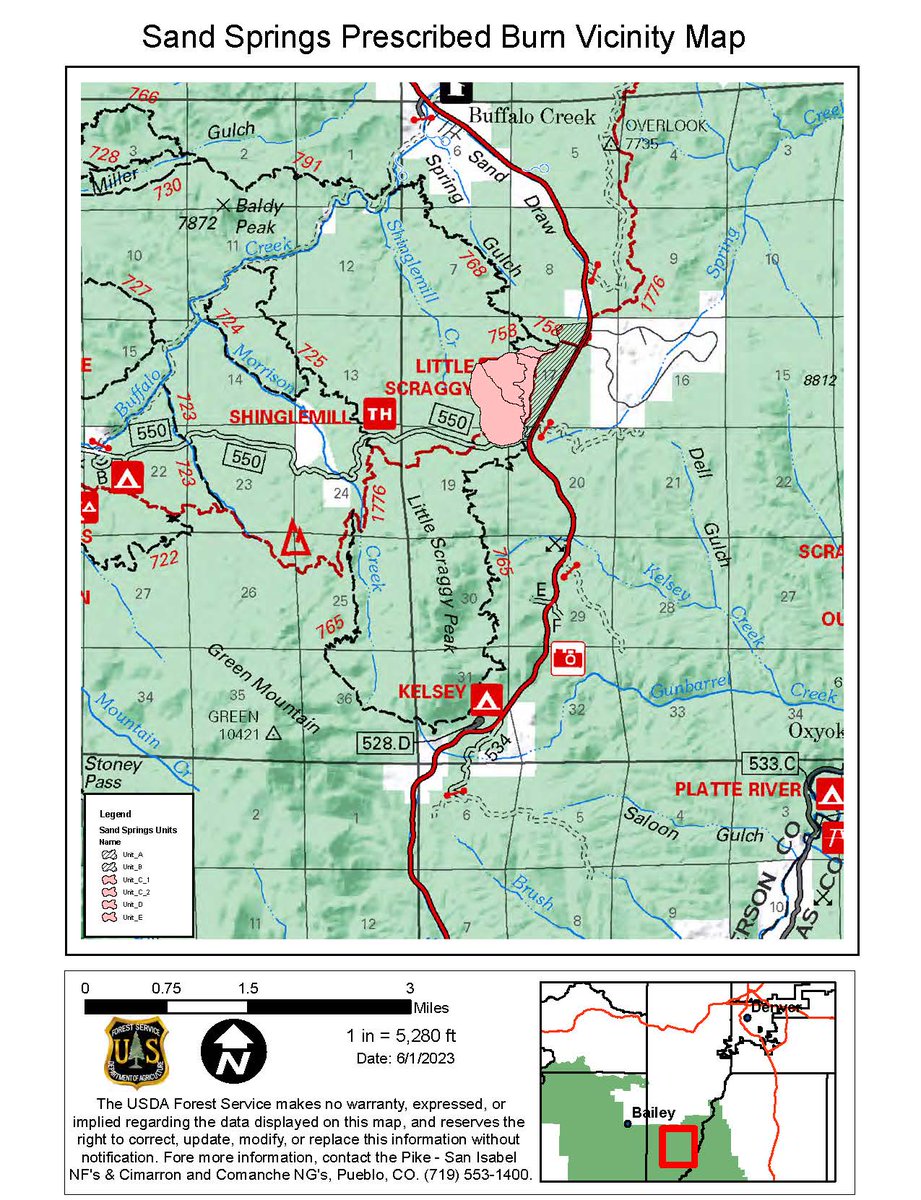 The South Platte Ranger District is moving forward with the #SandSpringsRX prescribed fire July 12, 2023. The Forest Service in cooperation with North Fork and Elk Creek Fire Protection Districts will begin ignitions at 9 am and will remain on scene until the fire is declared out