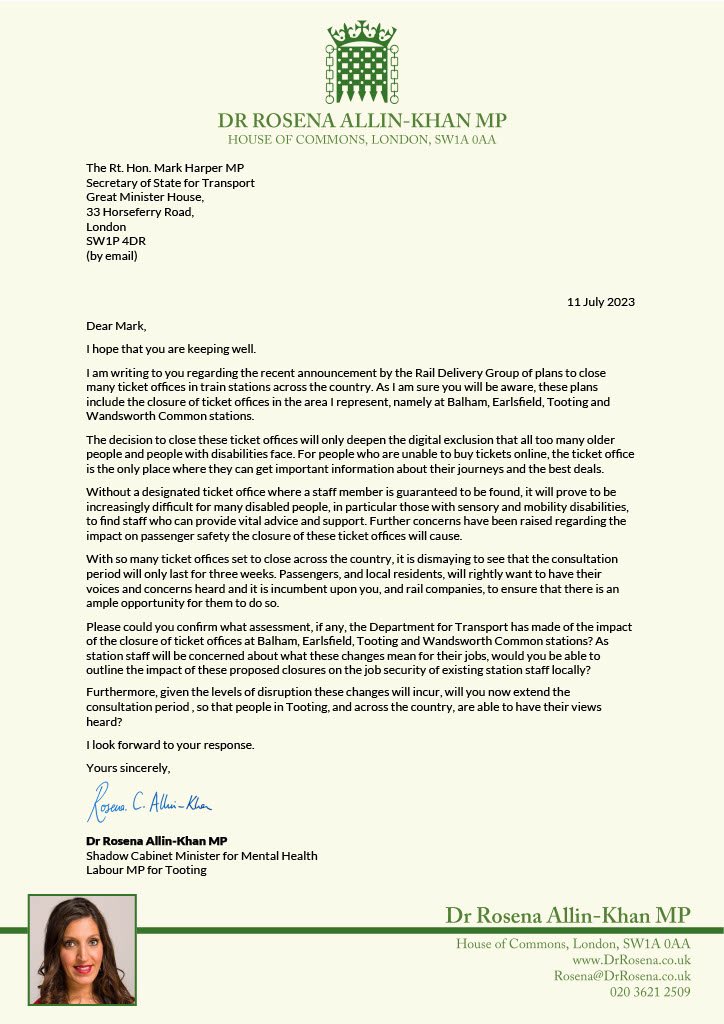 DrRosena's tweet image. Stations across our community are set to lose their ticket offices. This will leave many, particularly those with disabilities, unsure of where they can get support with their journeys.

Read my letter to the Transport Secretary below: