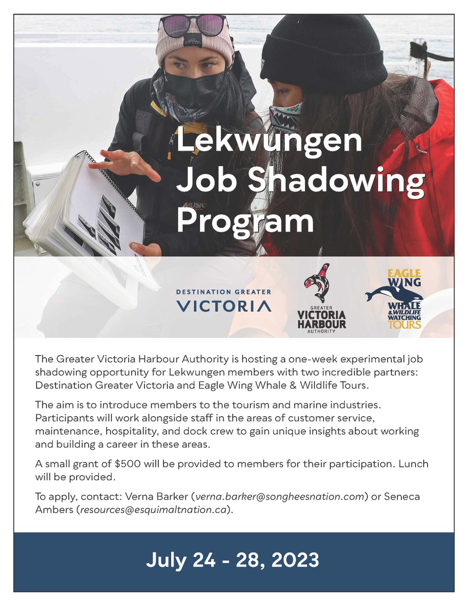 Songhees Nation (@songheesnation) on Twitter photo Lekwungen Job Shadowing Program in partnership with the <a href="/gvicharbour/">Greater Victoria Harbour Authority</a> and <a href="/eaglewingtours/">Eagle Wing Tours</a>. An excellent opportunity for hands-on experience in the tourism and marine industries! Esquimalt and Songhees Nation Members please apply today. Lekwungen Job Shadowing Program in partnership with the <a href="/gvicharbour/">Greater Victoria Harbour Authority</a> and <a href="/eaglewingtours/">Eagle Wing Tours</a>. An excellent opportunity for hands-on experience in the tourism and marine industries! Esquimalt and Songhees Nation Members please apply today.