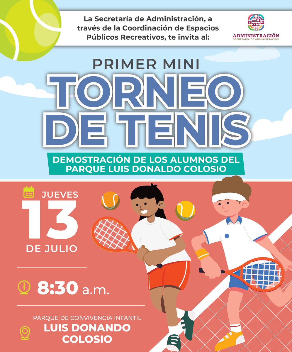 Admon_GobOax's tweet photo. 🎾 Acompáñanos al primer Mini Torneo de Tenis, será una divertida demostración de las y los alumnos del Parque Luis Donaldo Colosio Murrieta. 🥎

¡Asiste y conoce más de este interesante deporte!

🗓️ Jueves 13 de julio | 8:30 a.m.
📍Parque Luis Donaldo Colosio. https://t.co/uQMzy8R7Ed