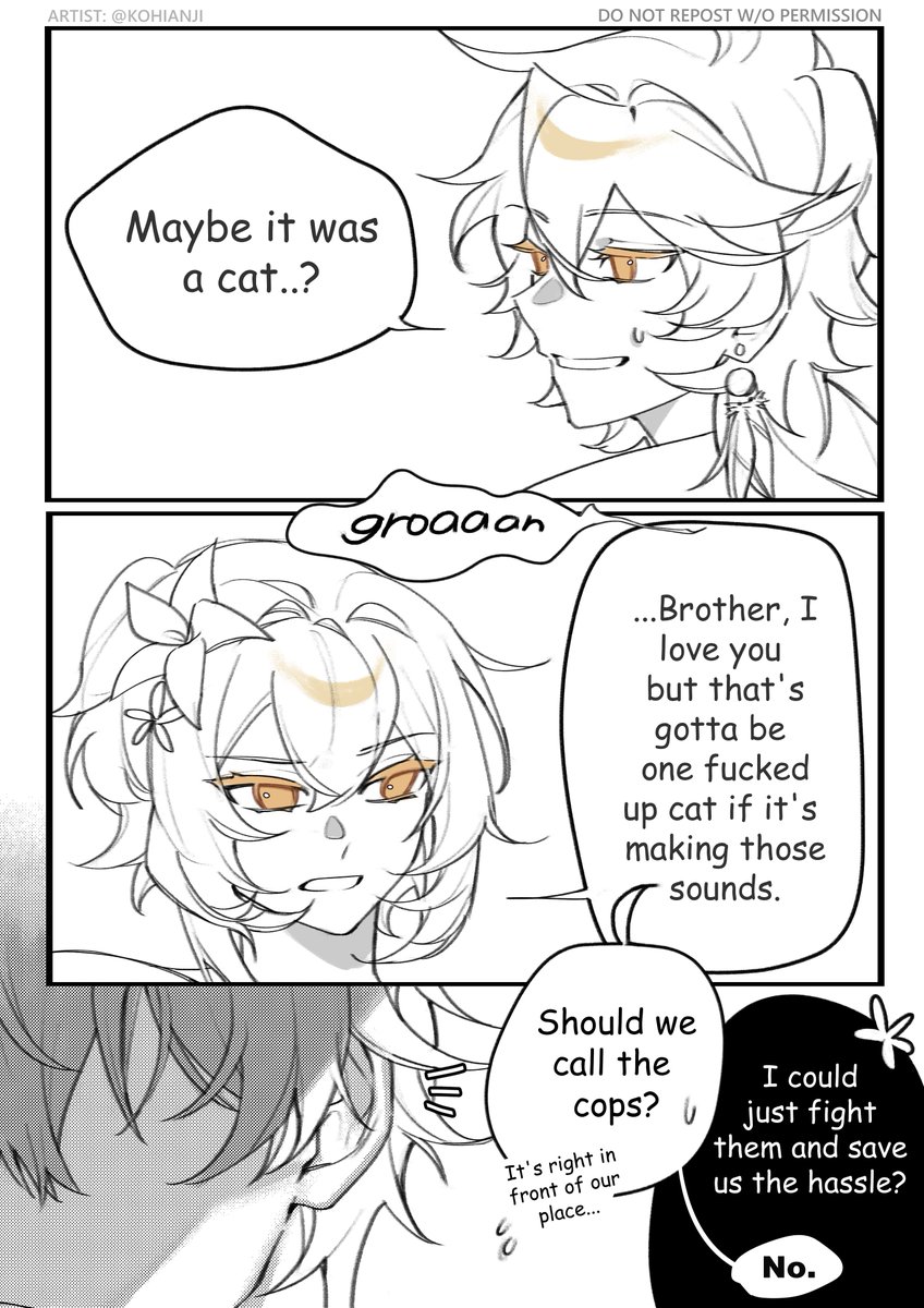 kohianji's tweet image. My beloved bee frend @Brambie_XVIII made a Caelther (caelus/aether) fic for me on my bday so I decided to make a short comic of a scene in there because i just love it. Check qrt&apos;s for the fic! It healed my soul.

(2/5)
#HonkaiStarRail  #Genshinlmpact #Aether #Caelus