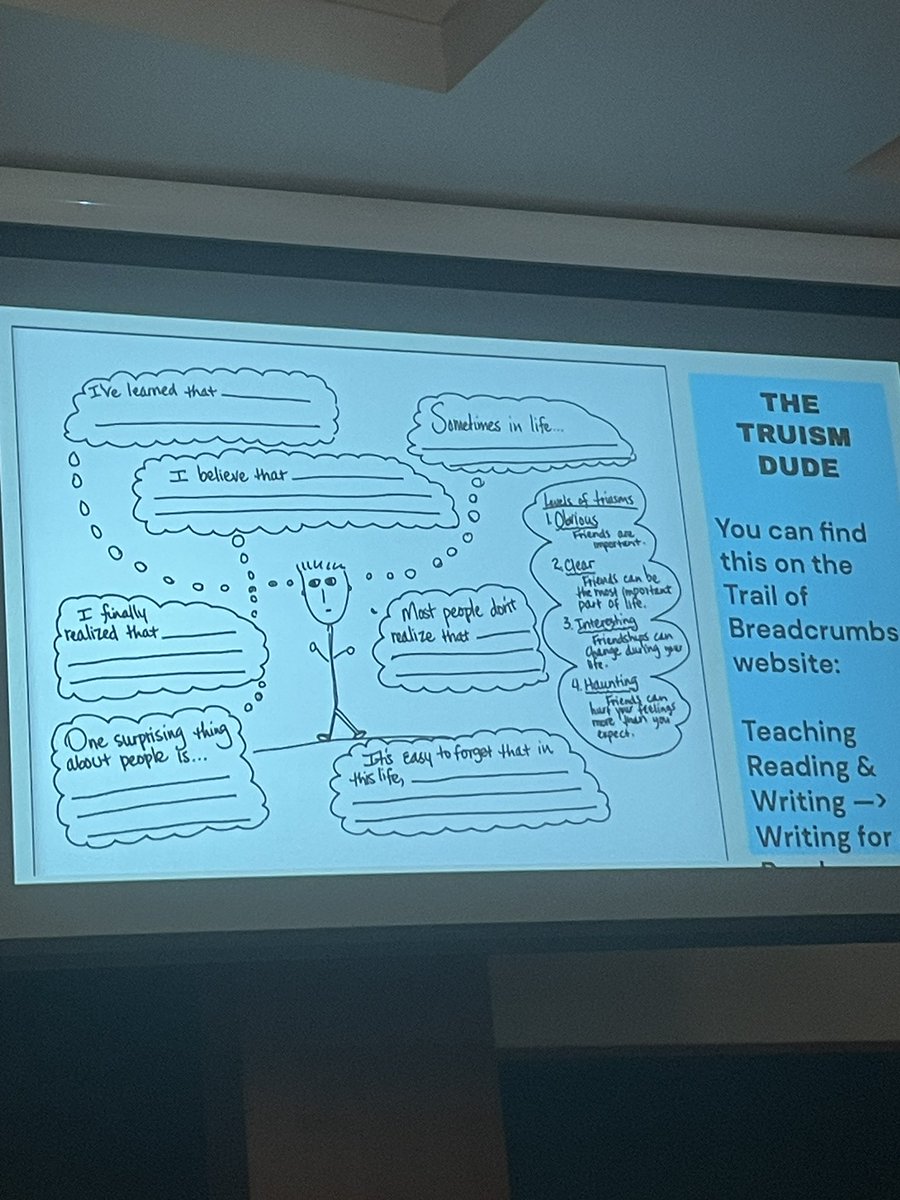 EHSTeachEng's tweet photo. I’m so excited to learn more about writing truisms from @Trail_of_BCs at the #kernelcamp23 Here is the “truism dude” to give students sentence stems when discussing how they use reading to learn about the world and how it works. @endeavoreagles will be doing a lot of this! https://t.co/gF4WSk7QjU