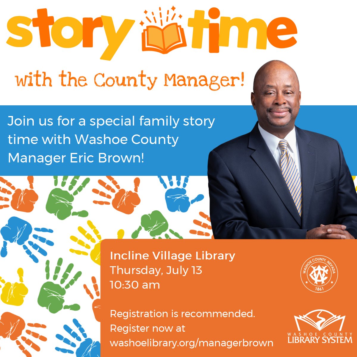 WashoeLibrary's tweet image. Join @washoecounty Manager Brown for some story time fun at the #InclineVillageLibrary! He&apos;ll be there reading stories this Thursday, July 13, at 10:30 am. For more info, visit washoelibrary.org/managerbrown