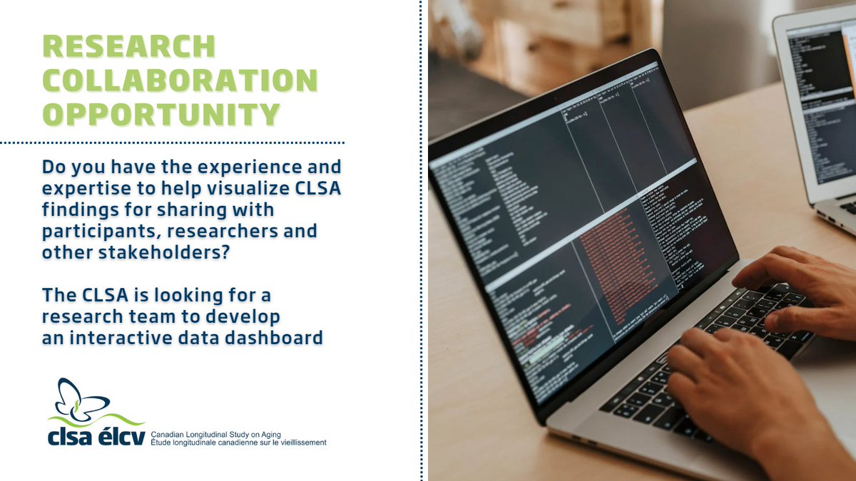 Are you, or anyone in your circles, interested in mobilizing knowledge from the CLSA research platform?

The CLSA is looking for a research team to collaborate on developing an interactive data dashboard. 

For more information: ow.ly/ssGS50P5rZ4