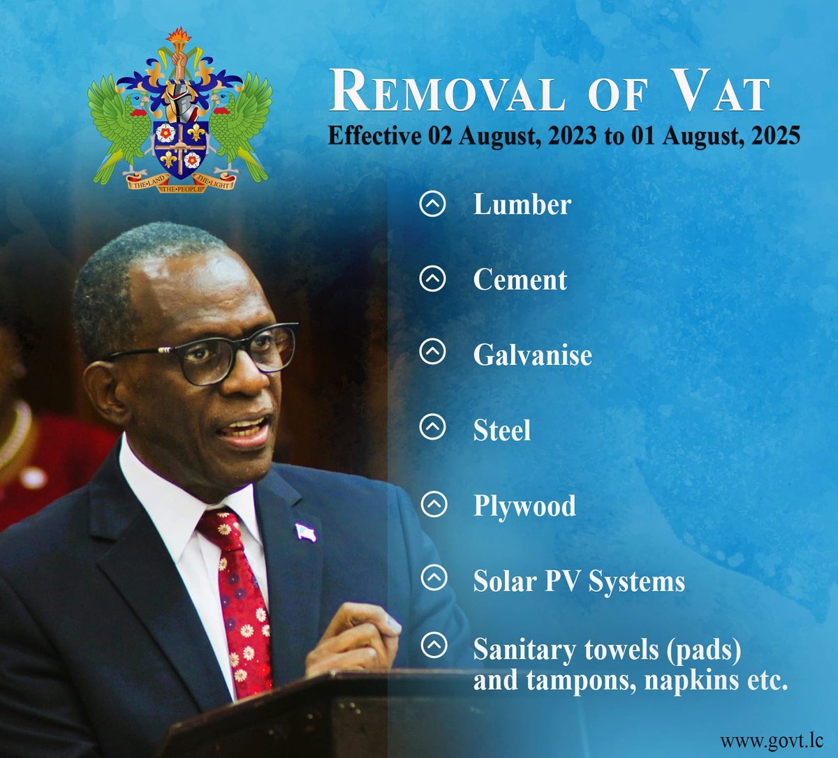 PhilipJPierreLC's tweet photo. I am happy to put forward this amendement in the House of Assembly to remove the 12.5% VAT on lumber, cement, steel, plywood, galvanise, Solar PV systems and female sanitary products

Therefore, the retail price of these items will be reduced by 12.5% from 2 Aug '23 to 1 Aug '25 https://t.co/lpgQJSMbLT