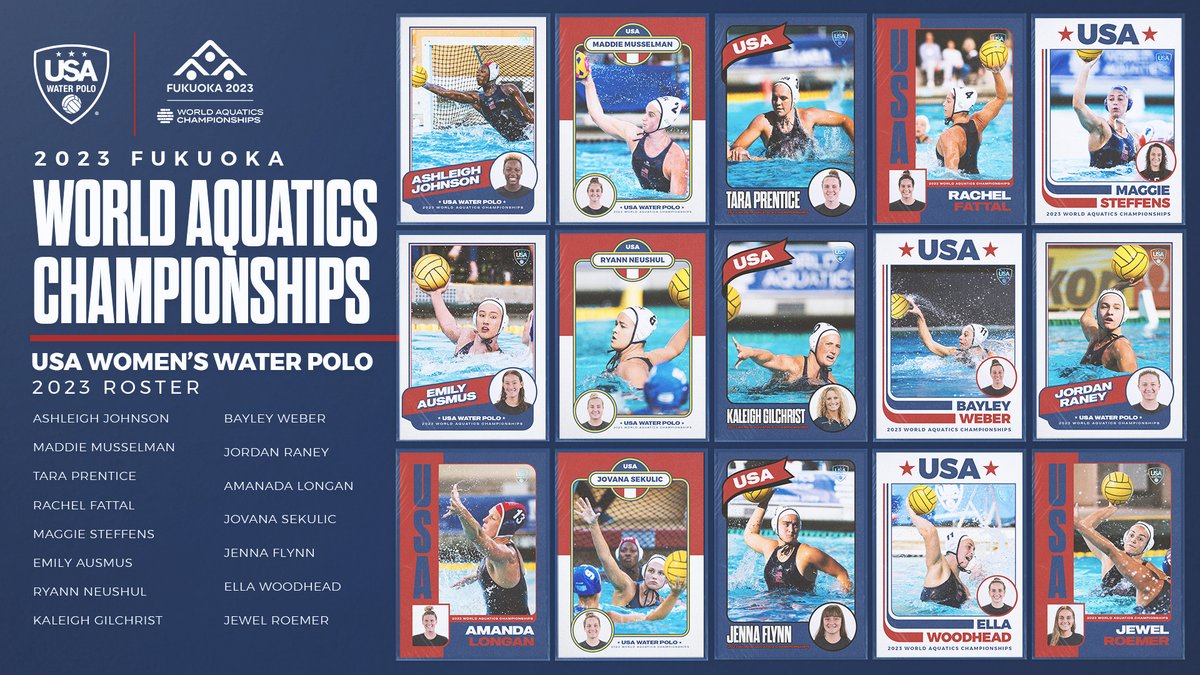 We're excited to announce the 15 women selected to represent <a href="/TeamUSA/">Team USA</a> at the 2023 <a href="/WorldAquatics/">World Aquatics</a> World Championship! Competition opens this weekend against China. Live coverage of <a href="/TeamUSA/">Team USA</a> is available on <a href="/peacock/">Peacock</a>.  Go USA!

MORE: usawaterpolo.org/news/2023/7/10…