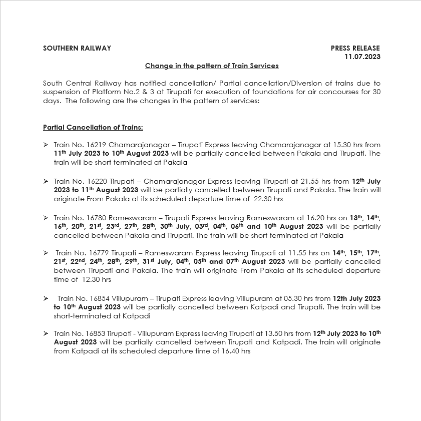 GMSRailway's tweet photo. 📢 Important Train Service Updates at Tirupati! 🚆🔁

🚧 Due to platform construction work, certain trains will be cancelled or partially cancelled, while others will be diverted. Plan your travel accordingly. 
.
.
.
#SouthernRailway #Tirupati
#TrainServiceUpdates https://t.co/Xy4b0uCrtq
