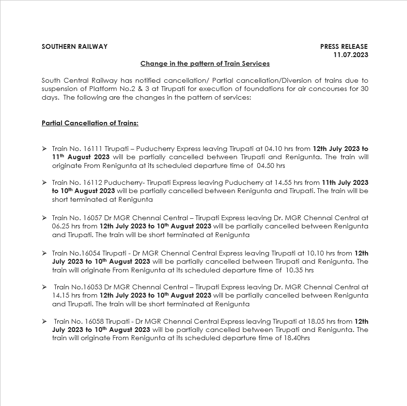 GMSRailway's tweet photo. 📢 Important Train Service Updates at Tirupati! 🚆🔁

🚧 Due to platform construction work, certain trains will be cancelled or partially cancelled, while others will be diverted. Plan your travel accordingly. 
.
.
.
#SouthernRailway #Tirupati
#TrainServiceUpdates https://t.co/Xy4b0uCrtq