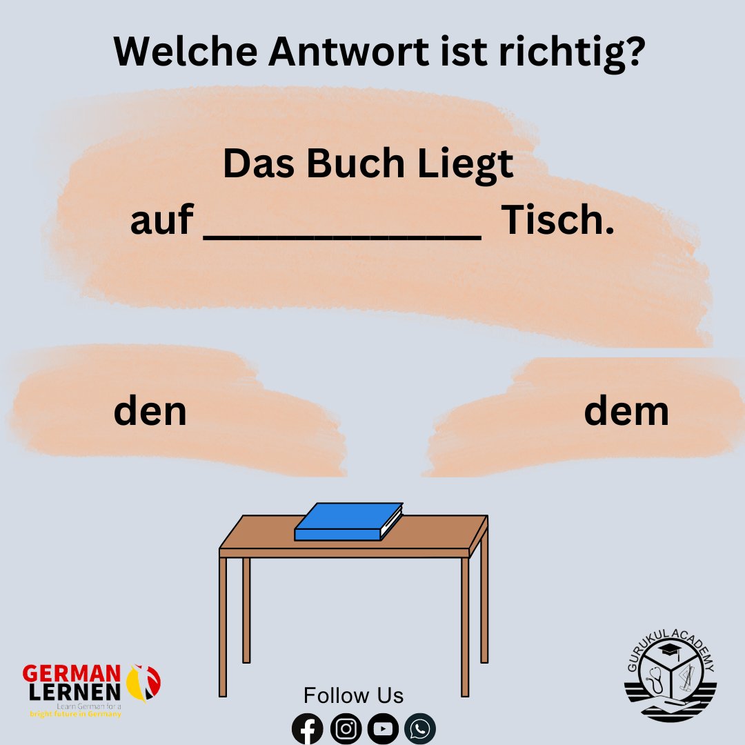Comment below Right Answer?
.
.
.
For More German Information Follow us

#LearnGerman #LanguageJourney #AdmissionsOpen #journey #German #GermanLanguage #Language #GurukulAcademy #LanguageLearning #EnglishLanguage #EnglishAcademy #Trivandrum #Vazhuthacdu #Kerala #Germany