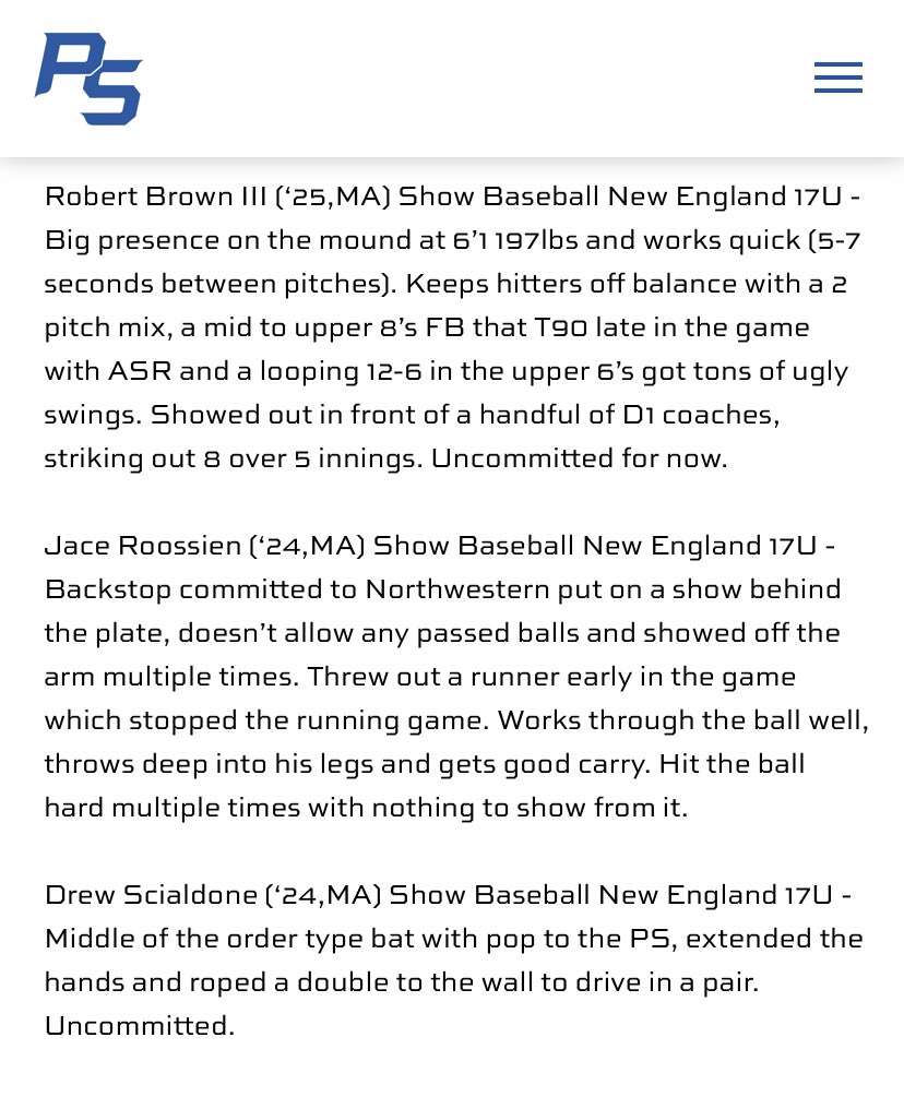 Great write up on 3 of our 17u showcase guys! Thank you <a href="/PSBaseballinc/">Prospect Select</a> for a great write up and an even better event in the Boston Open! Congratulations to <a href="/robert_brown_27/">Robert Brown</a> <a href="/JaceRoossien/">Jace Roossien</a> and <a href="/drew_scialdone/">Drew Scialdone</a>! Keep grinding fellas!