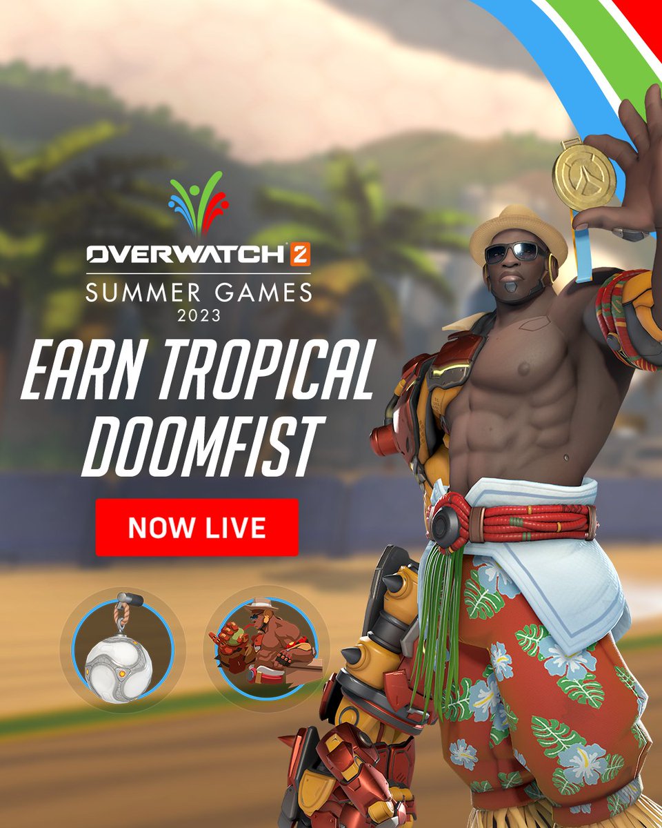 Have fun in the sun and earn rewards at the same time ☀️
 
👊 Tropical Doomfist (Epic)
⚽ Soccer Ball Weapon Charm
😎 Summer-themed Sprays
✨ And more

#Overwatch2 Summer Games 2023 is NOW LIVE 🏖️

🕶️ blizz.ly/44j0Cpy
