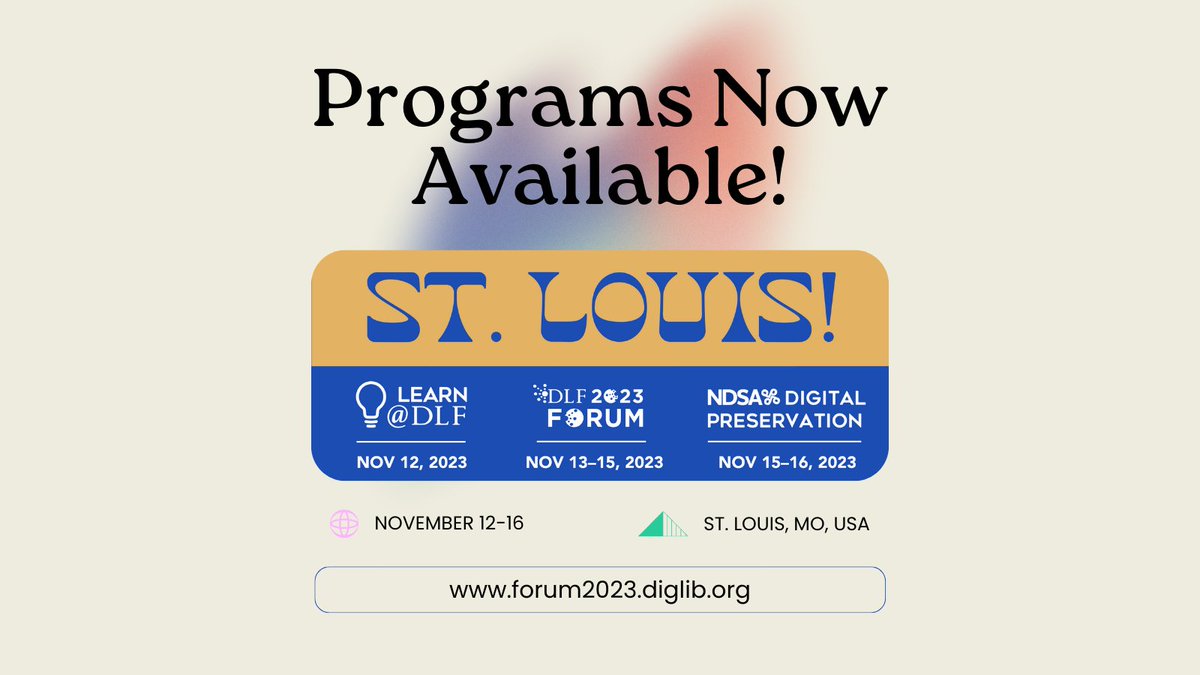 CLIRDLF's tweet image. Exciting news! 📣 Much-anticipated program schedules for  #DLFforum, #LearnAtDLF, and @NDSA2 #DigiPres23 are now available! Check them out at forum2023.diglib.org/schedule/ and secure early bird registration by August 15!