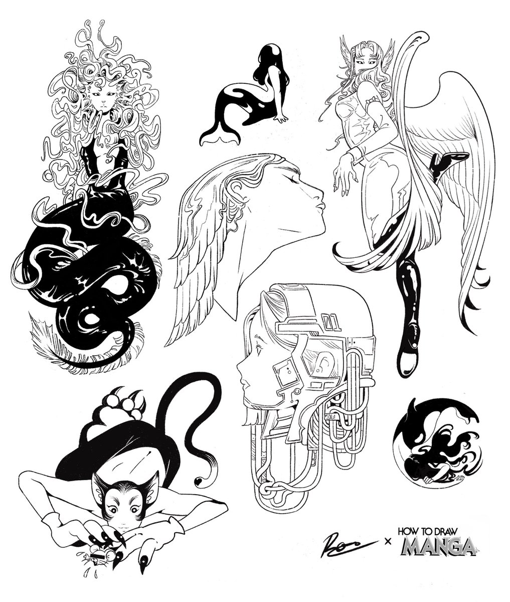 Made a tattoo flash sheet inspired by this absolutely killer page in the bible (How To Draw Manga: Bishoujo) because why the hell not, you know? 