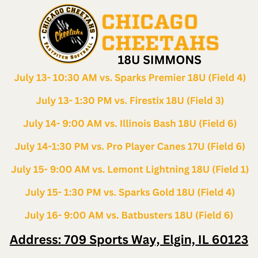 Here is our schedule for this weekend in Elgin💛 @18uCheetahsBS <a href="/SbCheetahs/">Chicago Cheetahs Organization</a>
