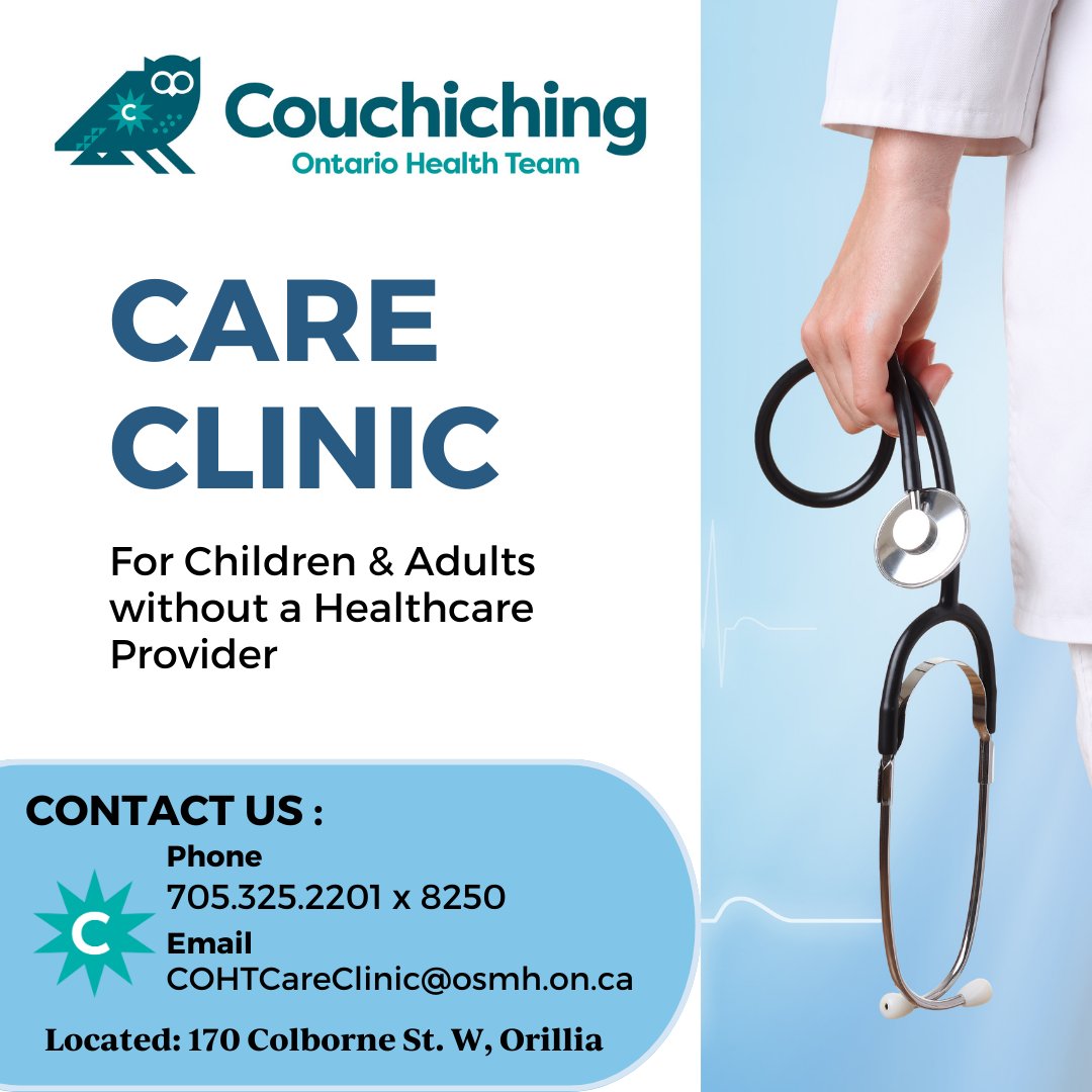 The Couchiching #OHT Care Clinic 🩺 is open for patients who do not currently have a health care provider!

Call 📞or email 📩for more information ⬇️ 

#AccessToCare #CommunityHealth #RightCareRightPlace