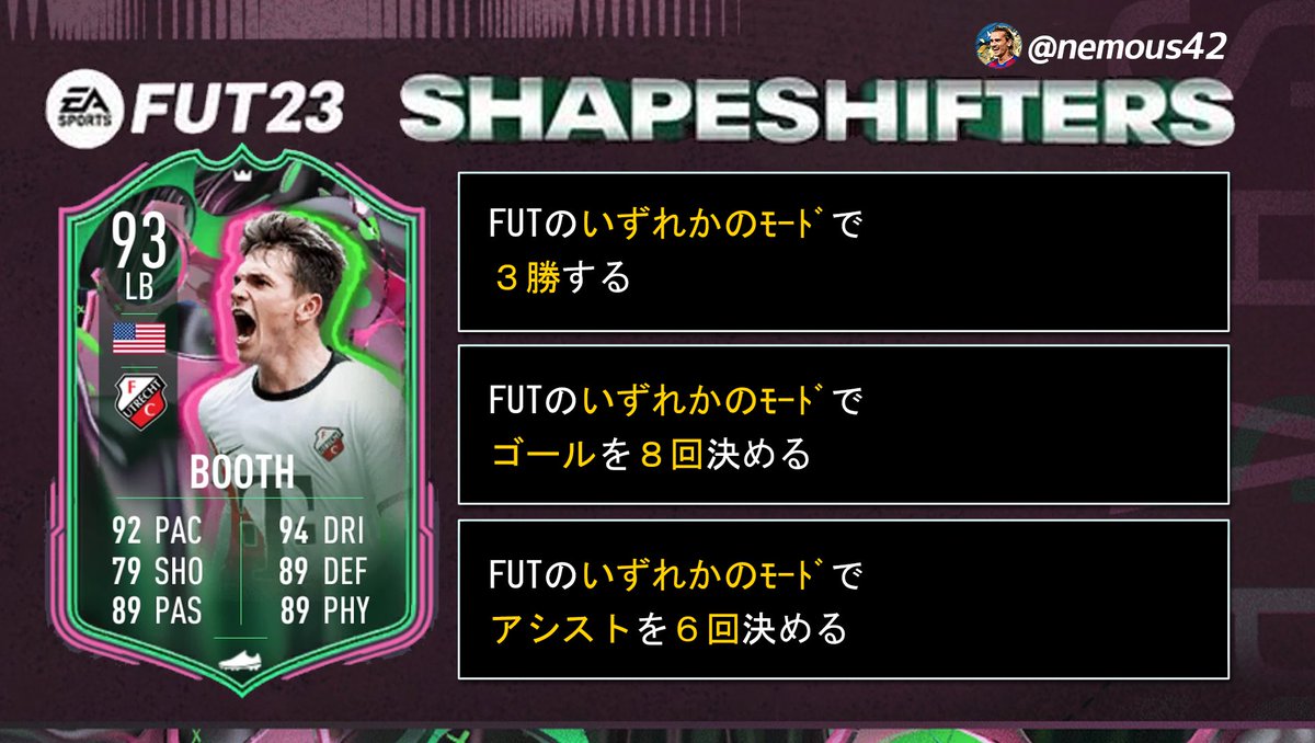nemous42's tweet photo. 作成が遅れて申し訳ありません。
「シェイプシスターズ」
BOOTHの目標を作成しました!
試合条件はスカッドバトル
または、ライバルズ、FUT Champions
期間は現時点で残り1日になります。
#FIFA #FIFA23 #FUT #fut23 #futobjective https://t.co/0DN6V8F9Oa