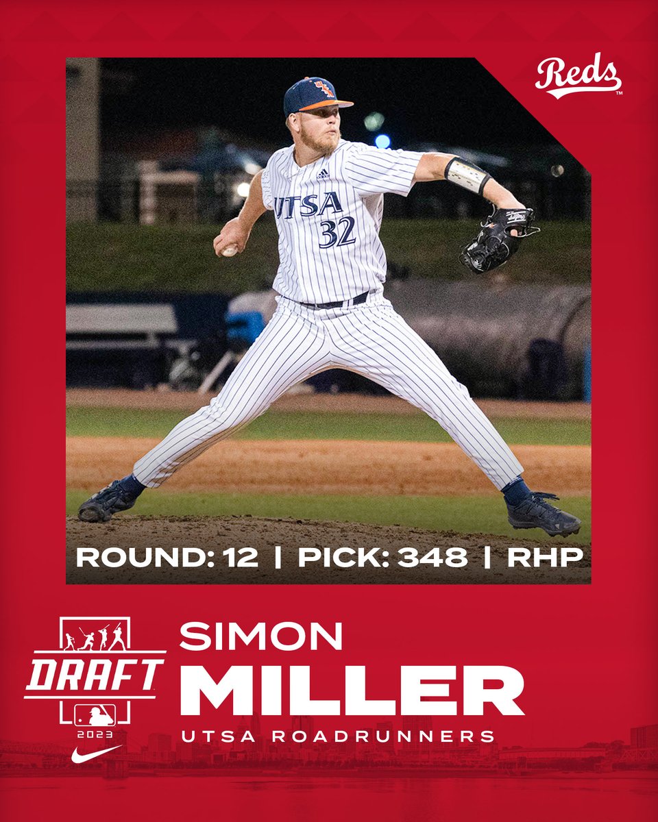 With the 348th pick in the 2023 #MLBDraft, the Cincinnati Reds select RHP Simon Miller from Texas-San Antonio. Welcome to Reds Country, Simon❗️