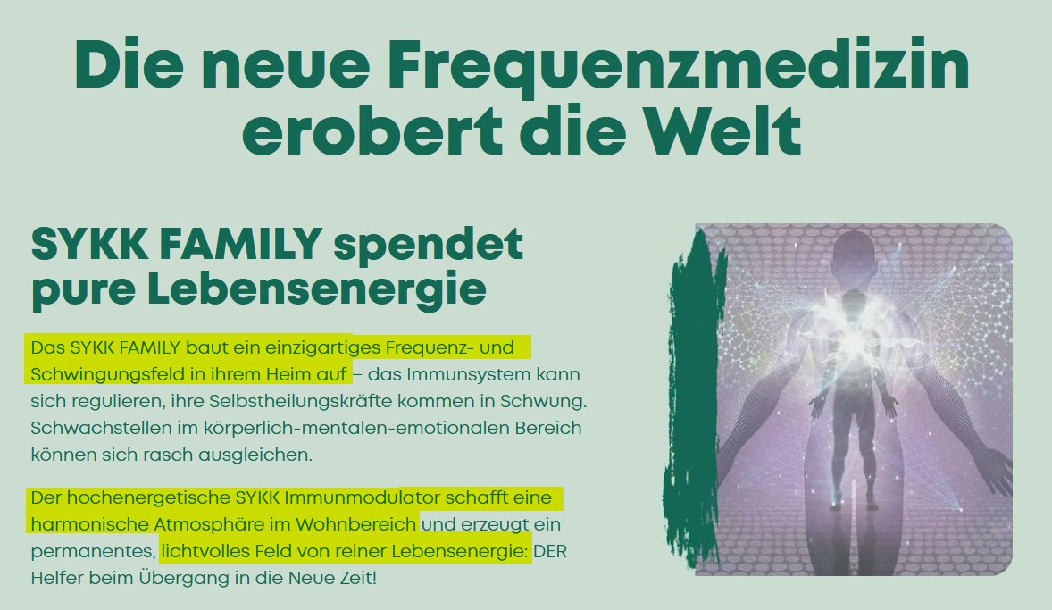 schwurbelwatch's tweet photo. Konkret geht es um ein Holzgerät namens #SYKK, dass "ein einzigartiges Frequenz- und Schwingungsfeld in ihrem Heim" aufbauen soll.

Der "hochenergetische SYKK Immunmodulator" erzeuge ein "Feld von reiner Lebensenergie".

Na dann. :D https://t.co/tj7CmQ0wWH