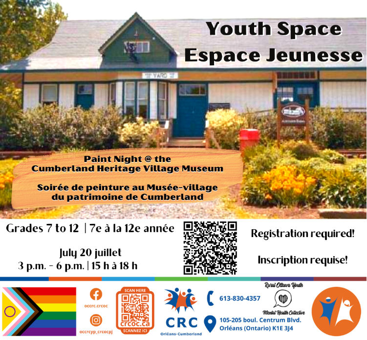 Hey #Cumberland and surrounding villages! Check out this FREE EVENT Happening on July 20 from 3pm-6pm.  The <a href="/occrc_crcoc/">OrléansCumberlandCRC</a> and <a href="/RuralOttYouth/">Rural Ottawa Youth Mental Health Collective</a> (hey! that's us!) are co-hosting a Paint Nite with dinner! Dont miss out.... register by July 18 #YouthSummer #YouthOuting #OttawaYouth